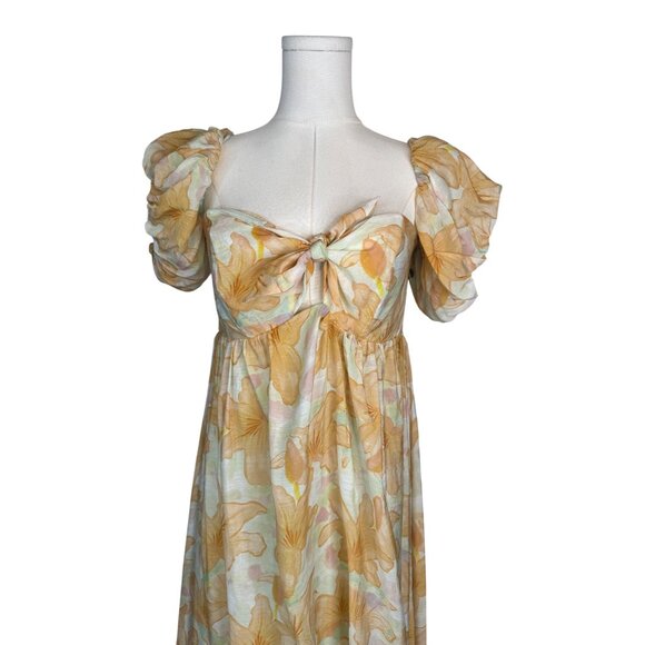 NWT ASTR XL The Label Orange Tropical Maxi Dress Puff Sleeves & Tie Front - Picture 9 of 16
